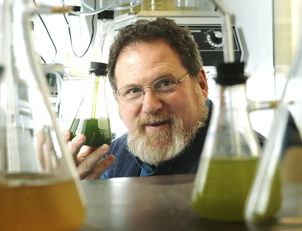 Scientist holding a green liquid in a laboratory flask.