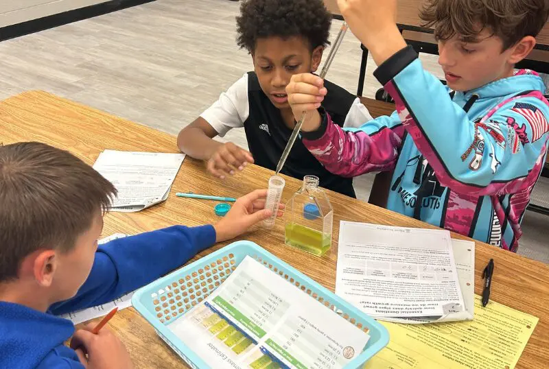 Children conducting a science experiment with test tubes in class.