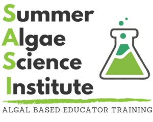 Logo of Summer Algae Science Institute with a green flask and algae illustration.